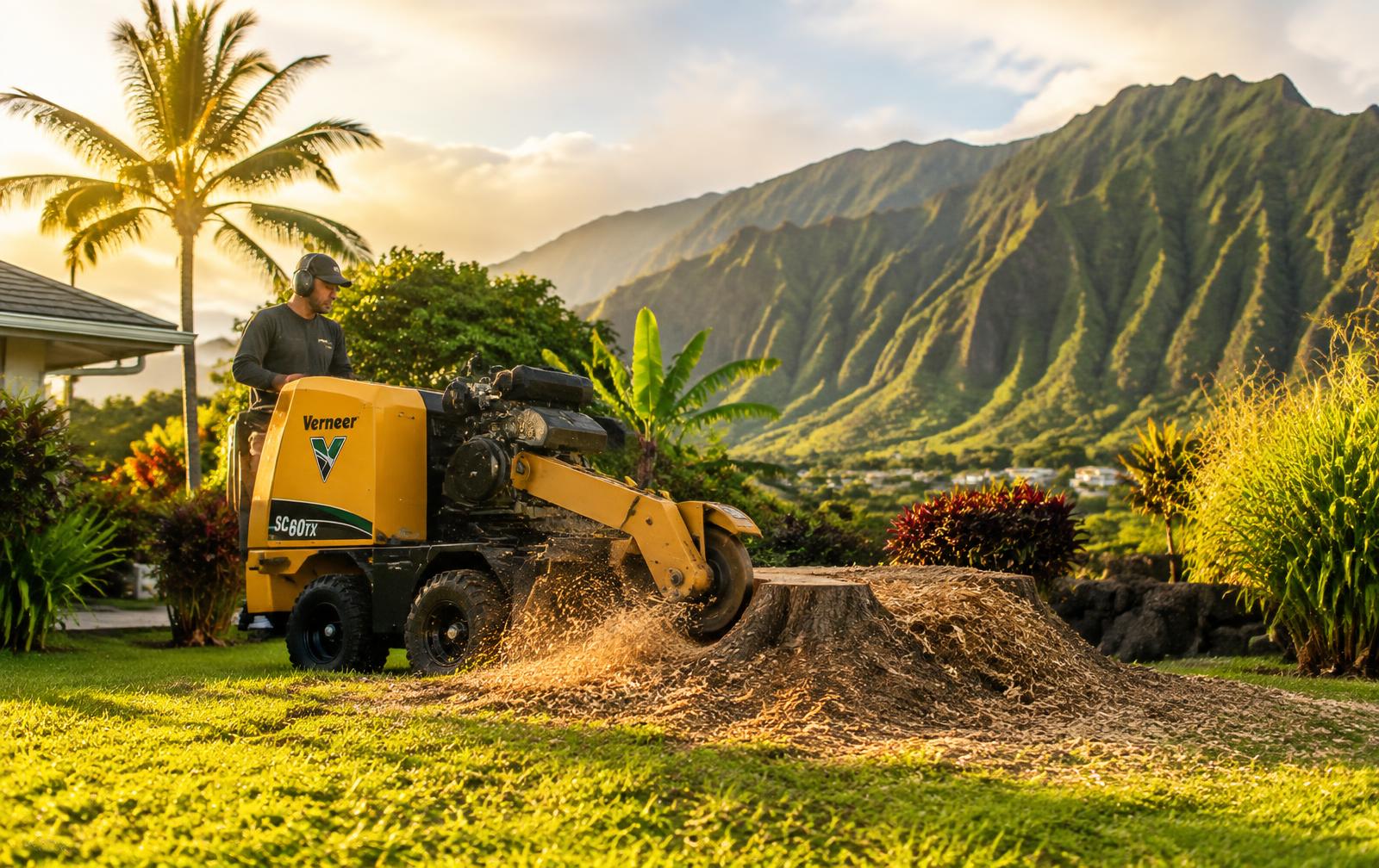 Stump grinder removing a tree stump in an Oahu backyard